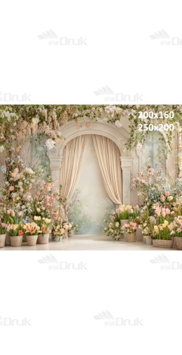 Tło fotograficzne „Pastelowa altana z kremowymi zasłonami i wiosennymi kwiatami” | E678